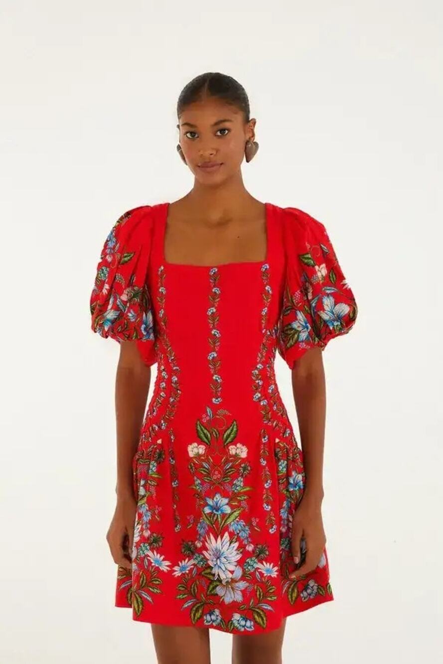FARM Rio Sweet Bloom Bouquet Red Mini Dress XS NWT Puff Sleeve Floral